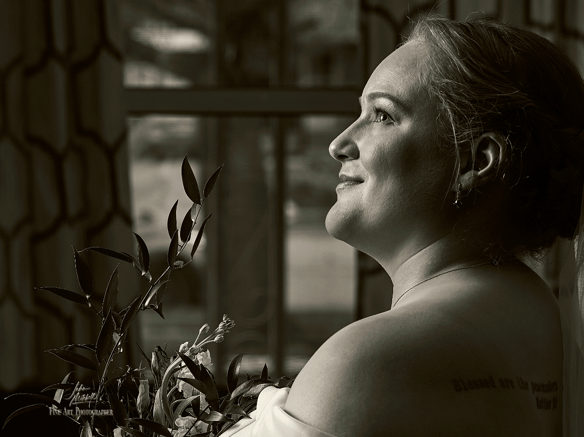 Black and white bridal portrait