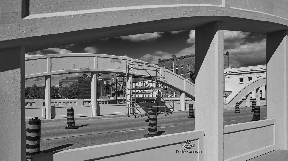 Black and white photograph of the facelift to the Main Street bridge in Cambridge Ontario